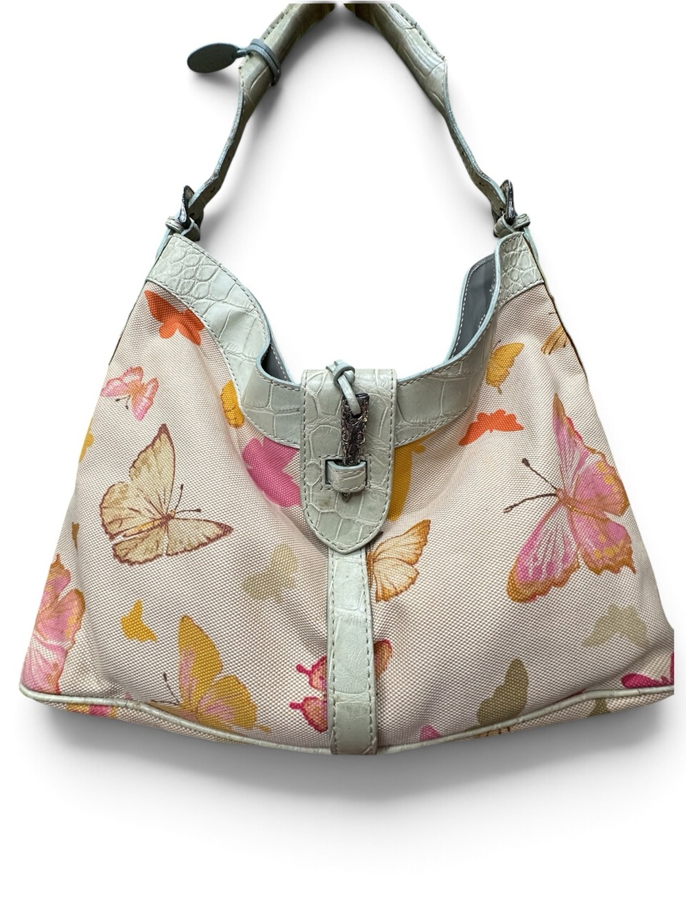 Valentino Garavani Butterfly Canvas Croc Embossed Leather Hobo